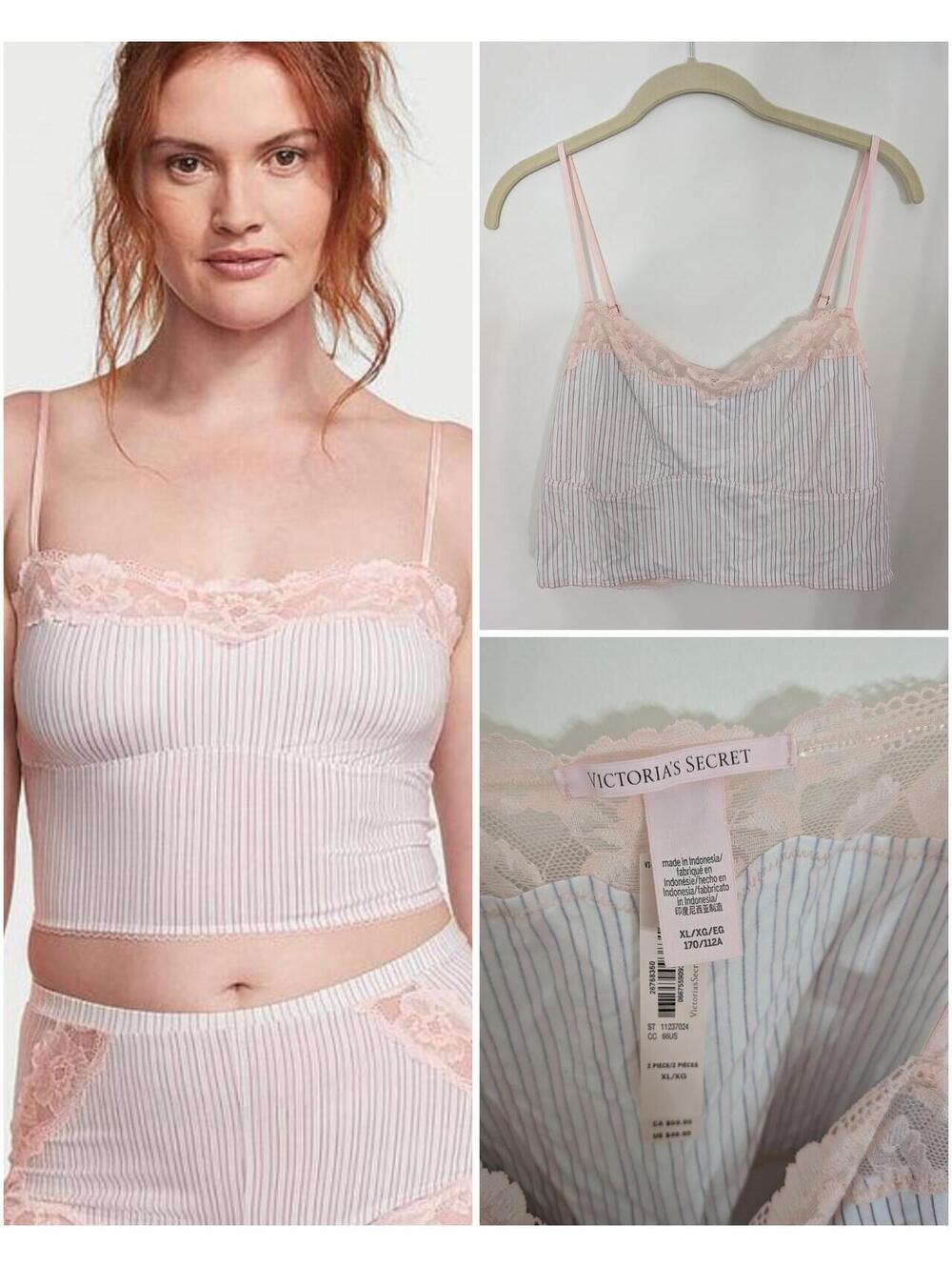 Victoria's Secret Pink Stripes Modal & Lace Trim Straight-Neck Cami Y2K Crop XL